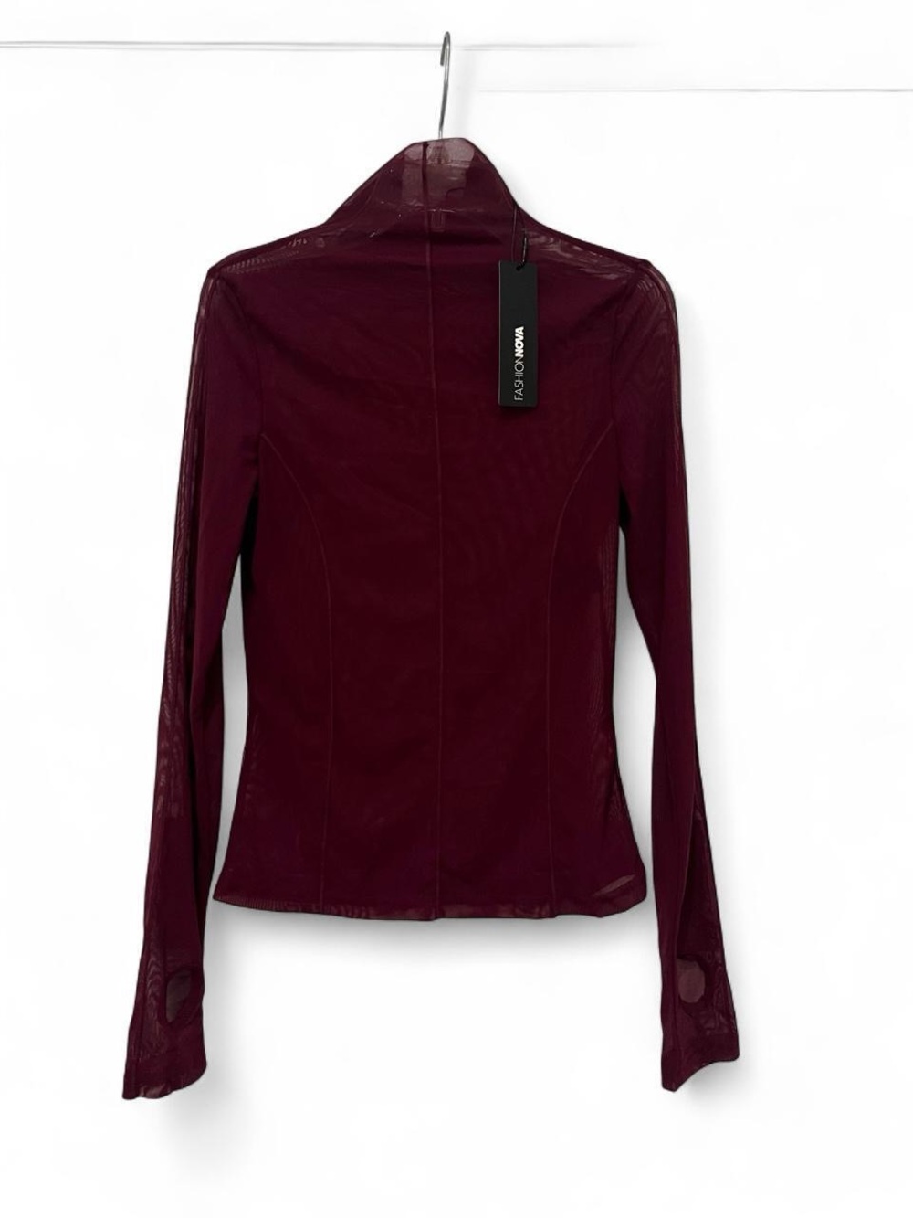 Fashion Nova Wine Burgundy Sheer Long Sleeve Mesh Top